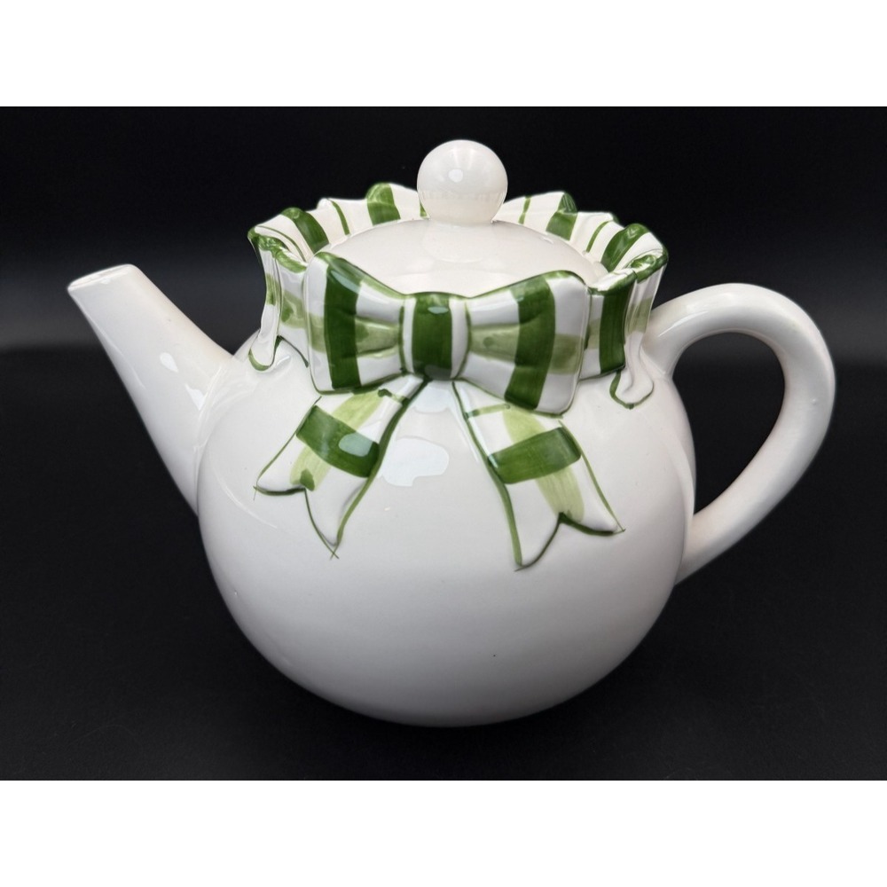 The Haldon Group Green Striped Bow Ribbon Teapot 1992 Ceramic - Excellent Cond.